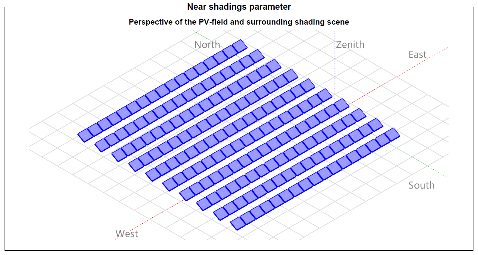 A perspective drawing of the solar array used for developing the shading losses