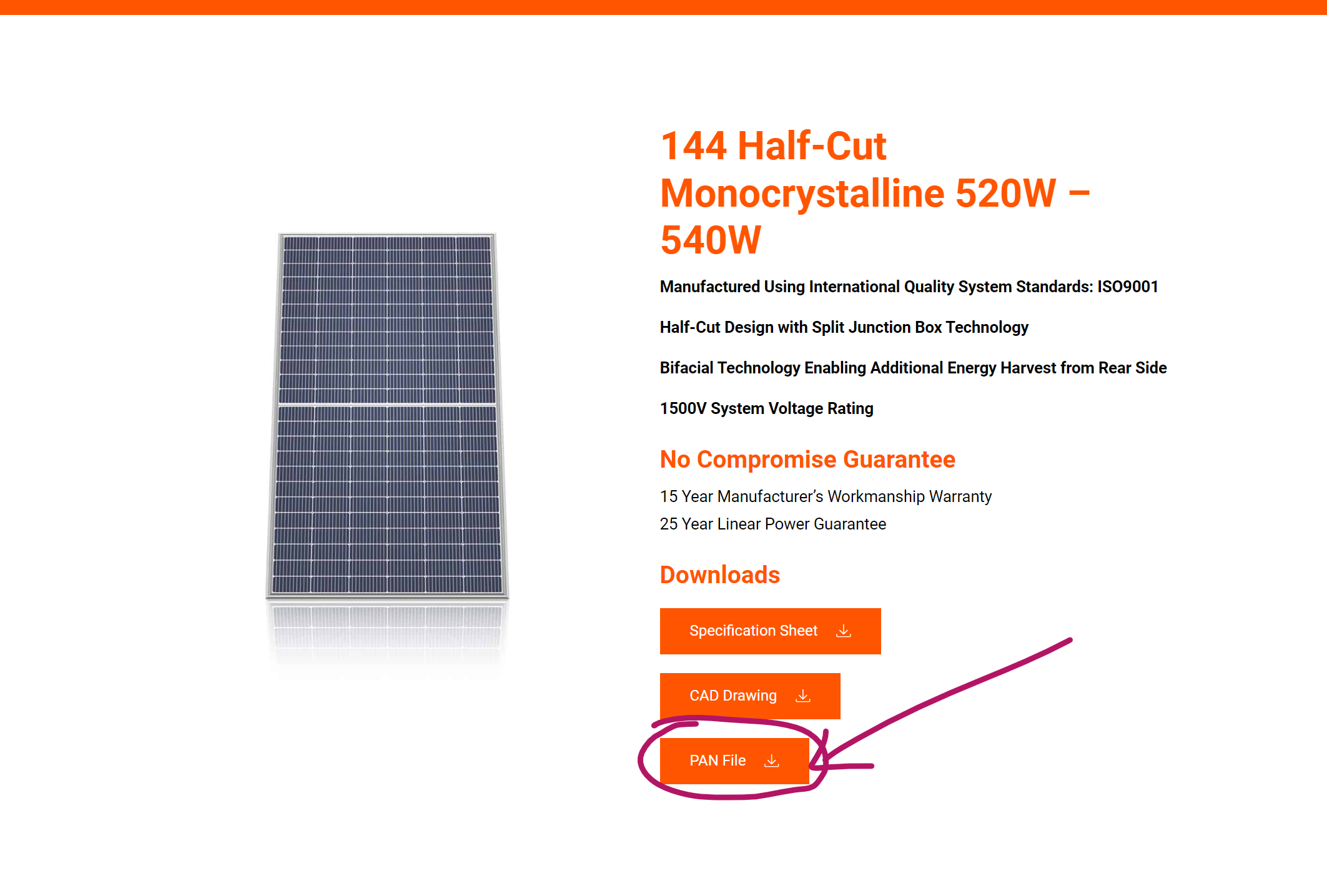 partial screenshot of the 144 Half-Cut Monocrystalline 520W - 540W product page.