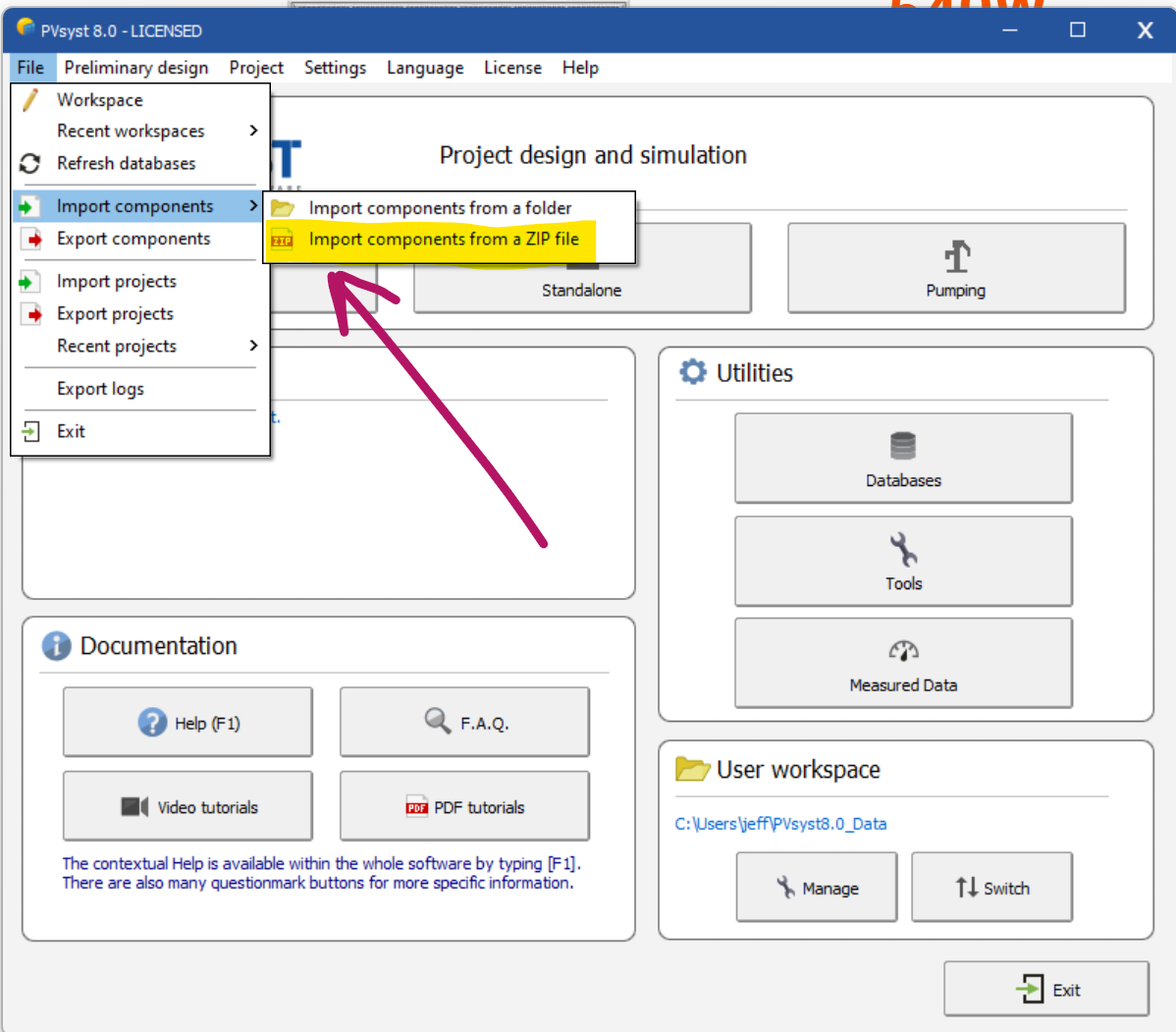 The dialog box is under File -> Import Components -> Import Components from a ZIP file.