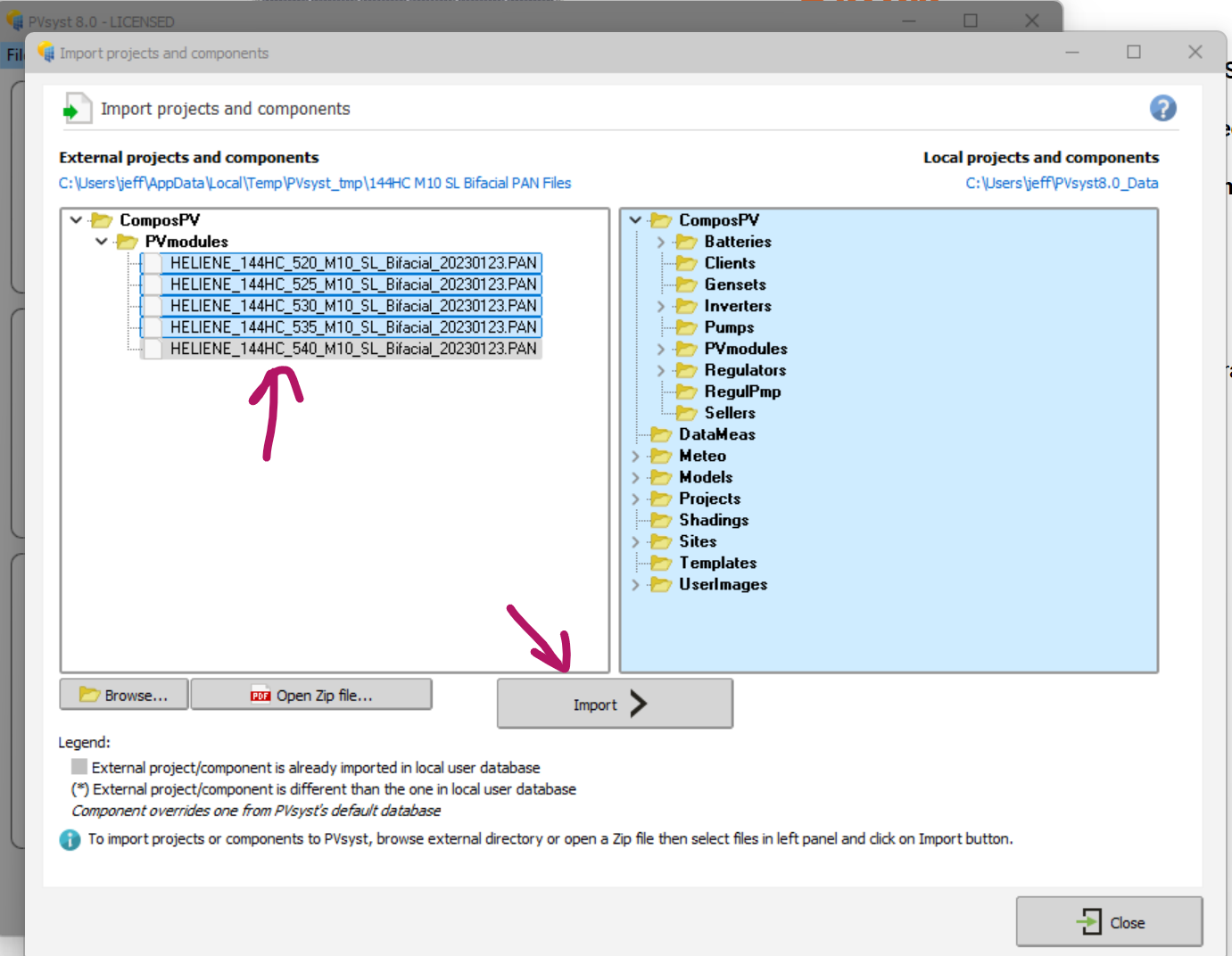 select the modules on the left and hit import in the middle